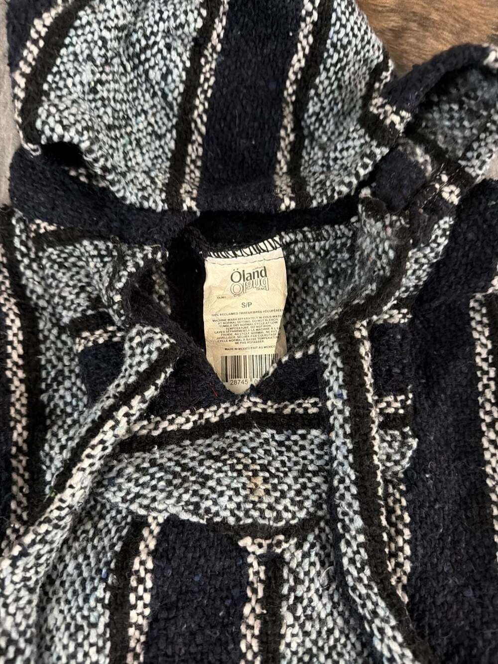 Oland Blue and Black Striped Traditional Mexican Baja Hoodie Drug Rug